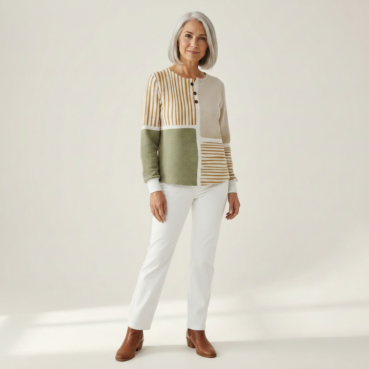 Hedda | Patchwork-Pullover in Grün und Senfgelb