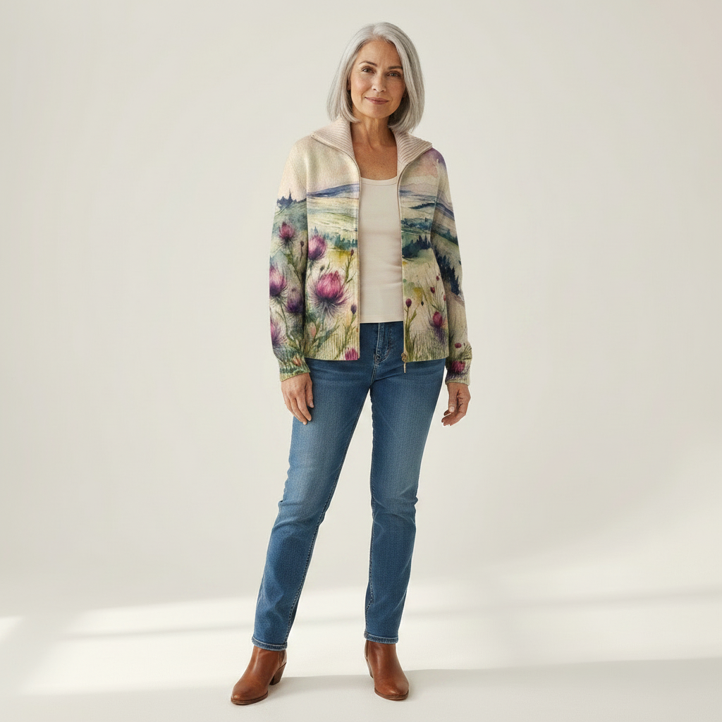 Heike | Strickjacke mit Distel- und Landschaftsmotiv