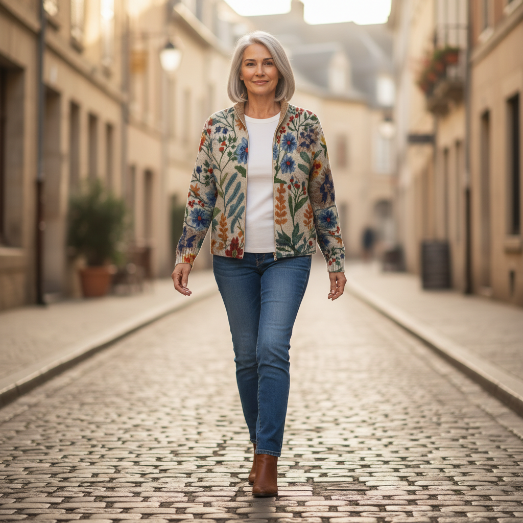 Birgit | Strickjacke mit botanischem Blumenmuster