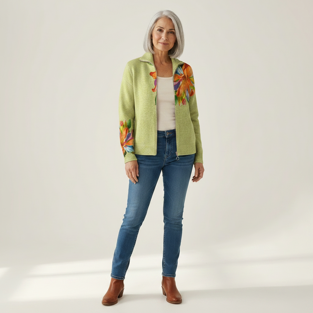 Claudia | Strickjacke mit farbenfrohem Lilienmotiv