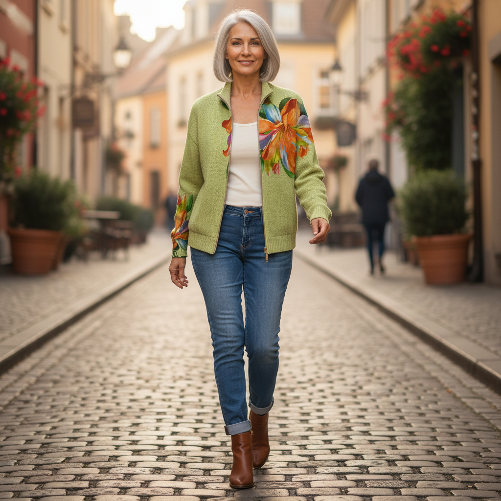 Claudia | Strickjacke mit farbenfrohem Lilienmotiv