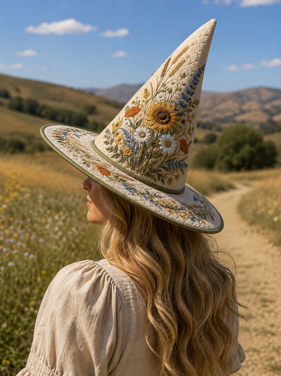 Handgefertigter gesteppter Hexenhut – Gestickte Wildblumen und Sonnenblumen