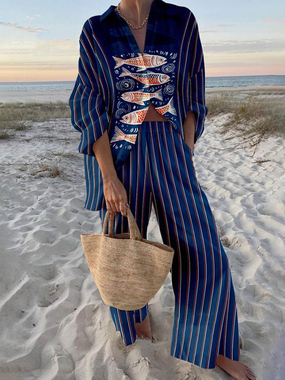 Gisela | Oversized Blouse with Ocean Print from Stil Insel and Pants with Elastic Pockets