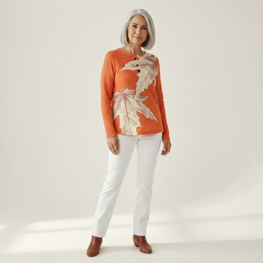 Marlene | Pullover in Orange mit Herbstblättern