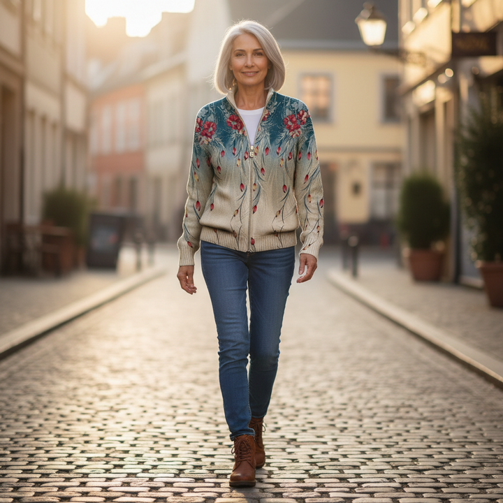 Martina | Strickjacke mit Pfauenfeder-Motiv