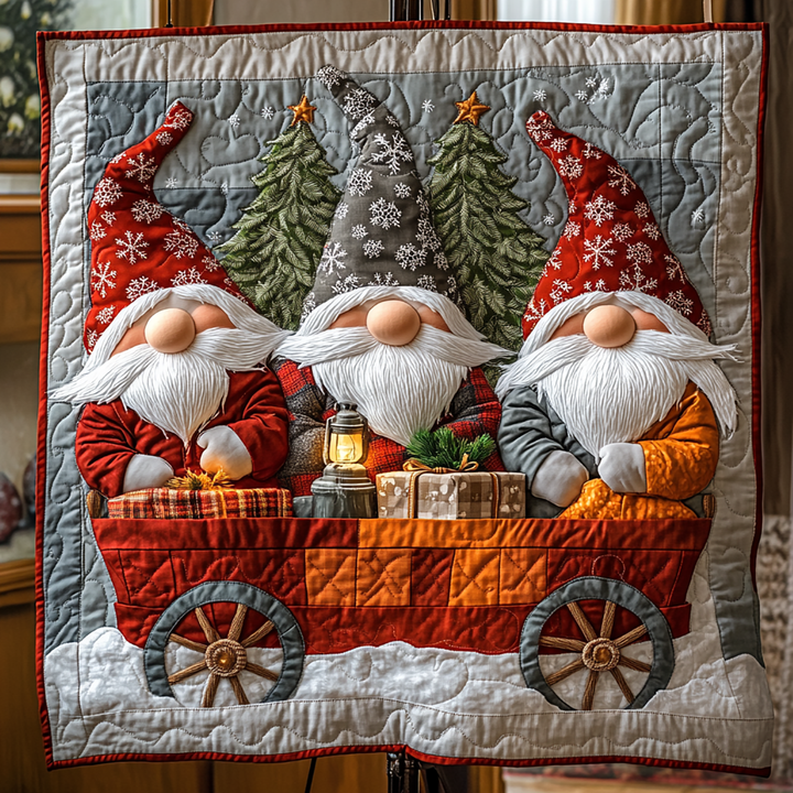 Weihnachts-Steppdecke mit Wichteln im Bollerwagen