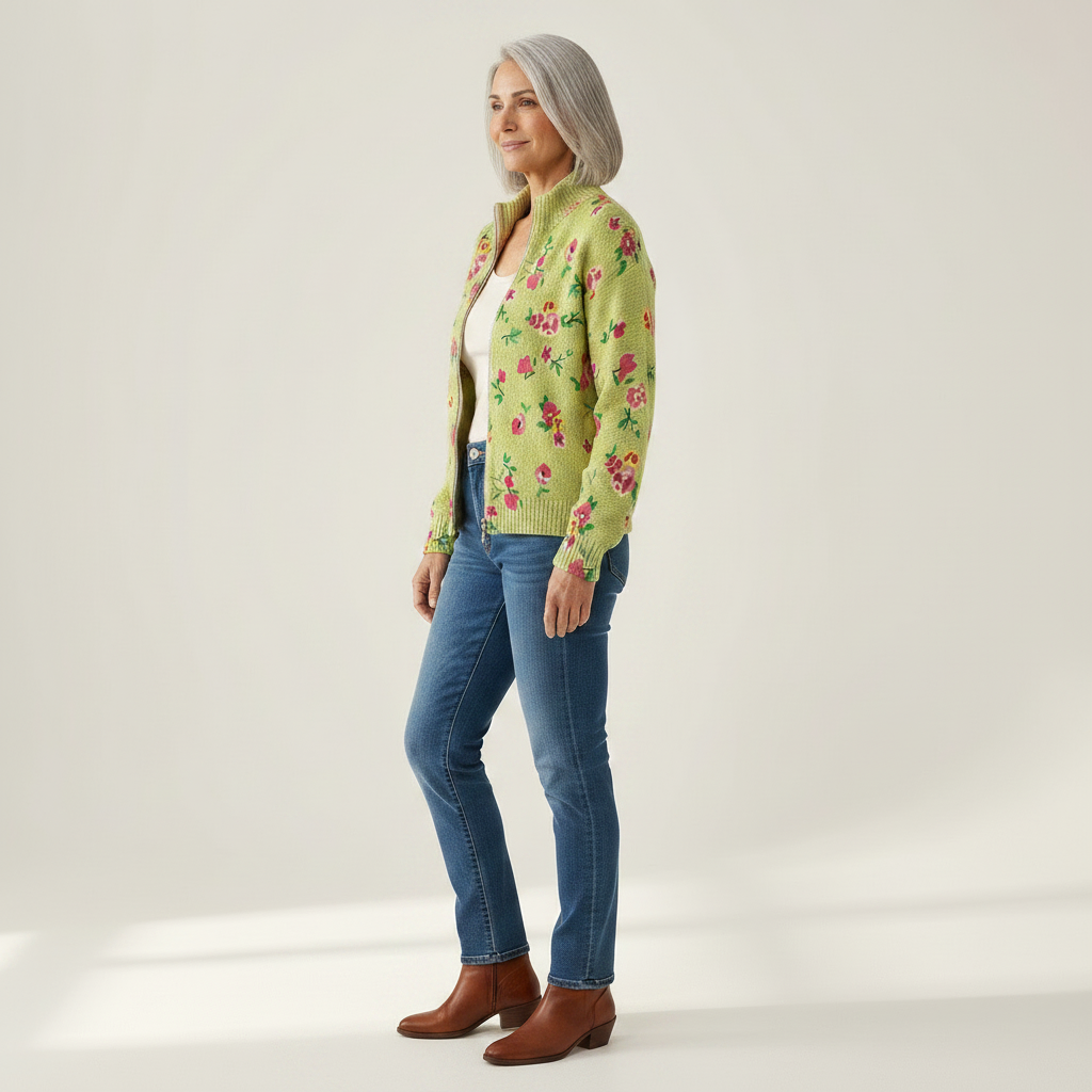 Elke | Grüne Strickjacke mit Blumenmuster