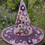 Handgefertigter gesteppter Hexenhut – Sechseck-Patchwork mit Sternenmotiven