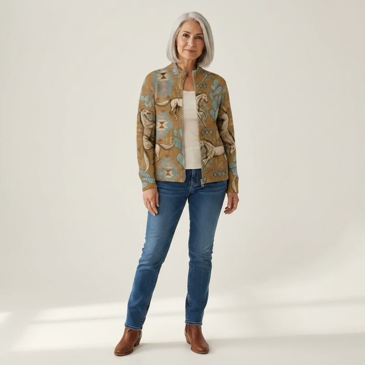 Brigitte | Strickjacke mit Pferde- und Kakteenmotiv