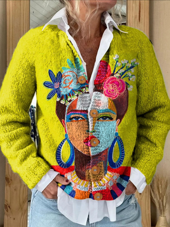 Strickjacke mit Kunstporträt-Print und Knopfdetails