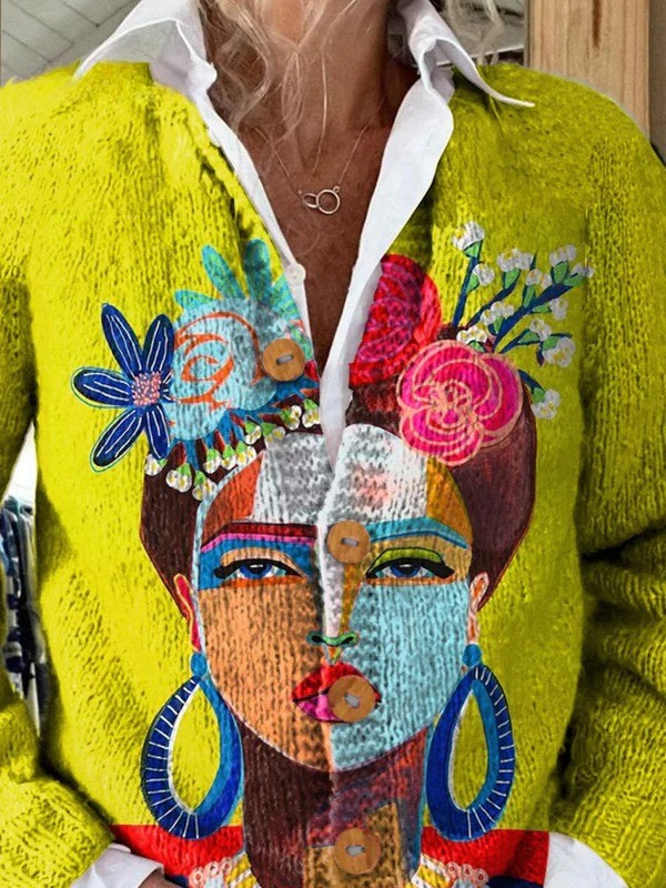 Strickjacke mit Kunstporträt-Print und Knopfdetails