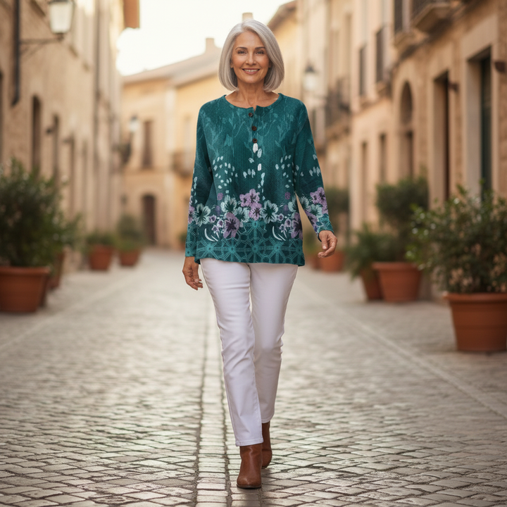 Paula | Pullover in Türkis mit Blüten