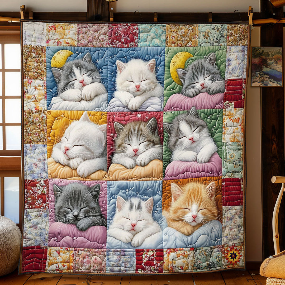 Patchwork-Steppdecke mit schlafenden Kätzchen auf Kissen
