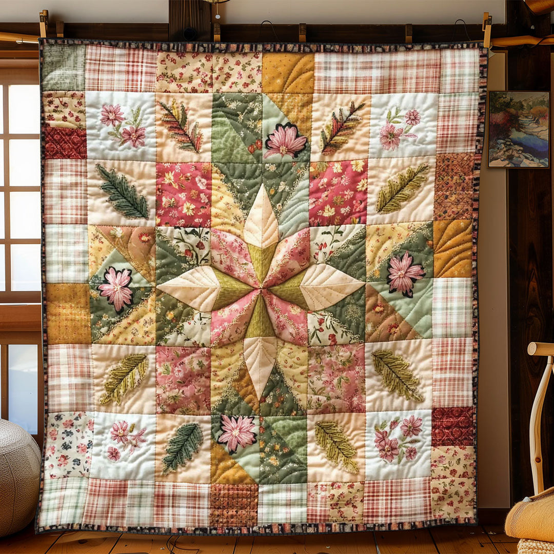 Patchwork-Steppdecke mit Stern in Rosa und Grün