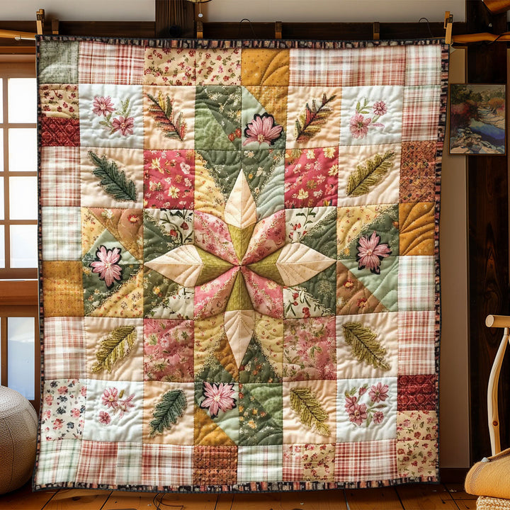 Patchwork-Steppdecke mit Stern in Rosa und Grün
