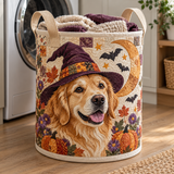 Gesteppter Wäschekorb – Golden Retriever mit Hexenhut
