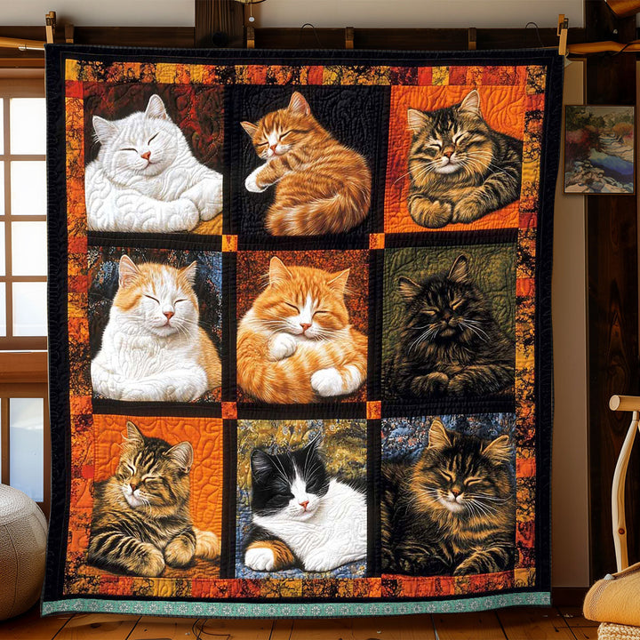 Patchwork-Steppdecke mit schlafenden Katzen auf Orange
