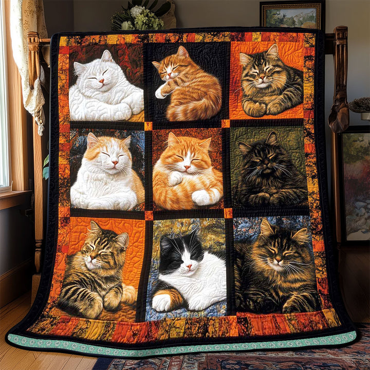 Patchwork-Steppdecke mit schlafenden Katzen auf Orange