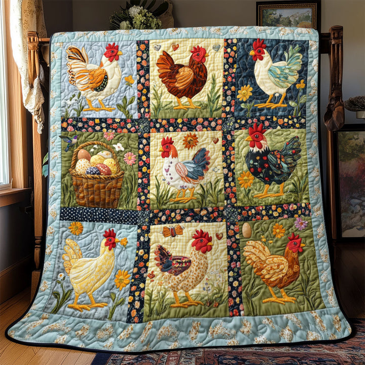 Patchwork-Steppdecke mit Hühnern und Blumen