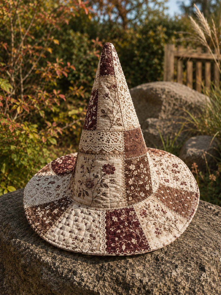 Handgefertigter gesteppter Hexenhut – Nostalgisches Blumen- und Spitzenpatchwork