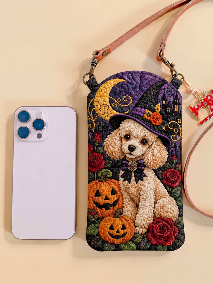 Schmale gesteppte Handy-Umhängetasche – Welpe mit Hexenhut zu Halloween