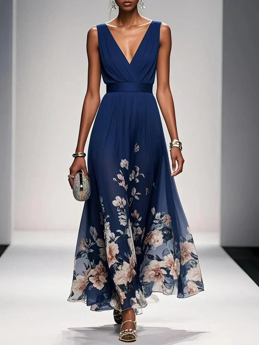 Paula | Hellblaues Chiffon-Maxikleid mit Blumenmuster und V-Ausschnitt