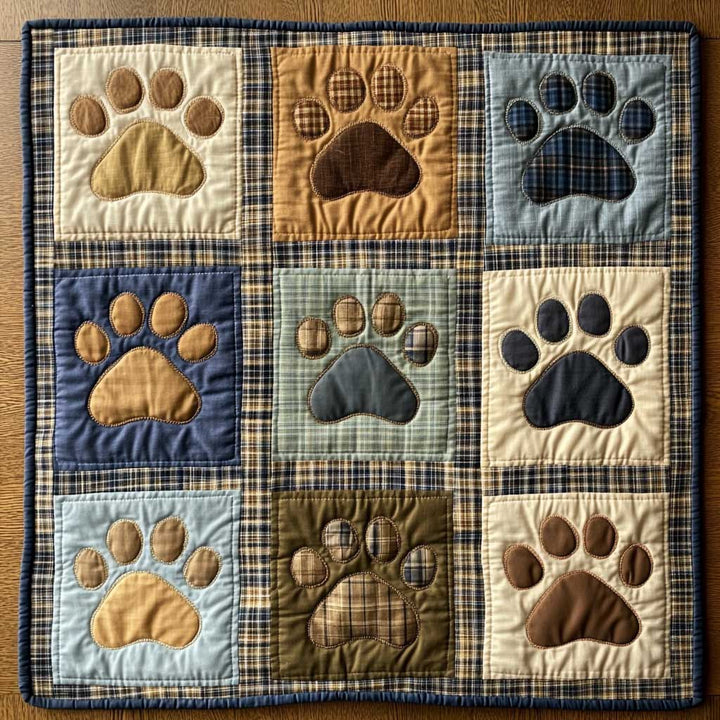 Patchwork-Steppdecke mit Hundepfoten in Karo