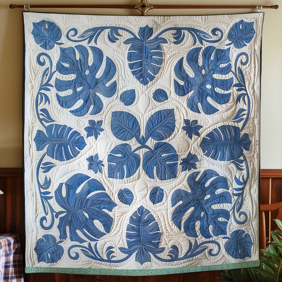 Hawaii-Steppdecke mit blauen Monstera-Blättern