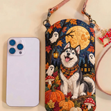 Schmale gesteppte Handy-Umhängetasche – Halloween-Husky im Mondschein