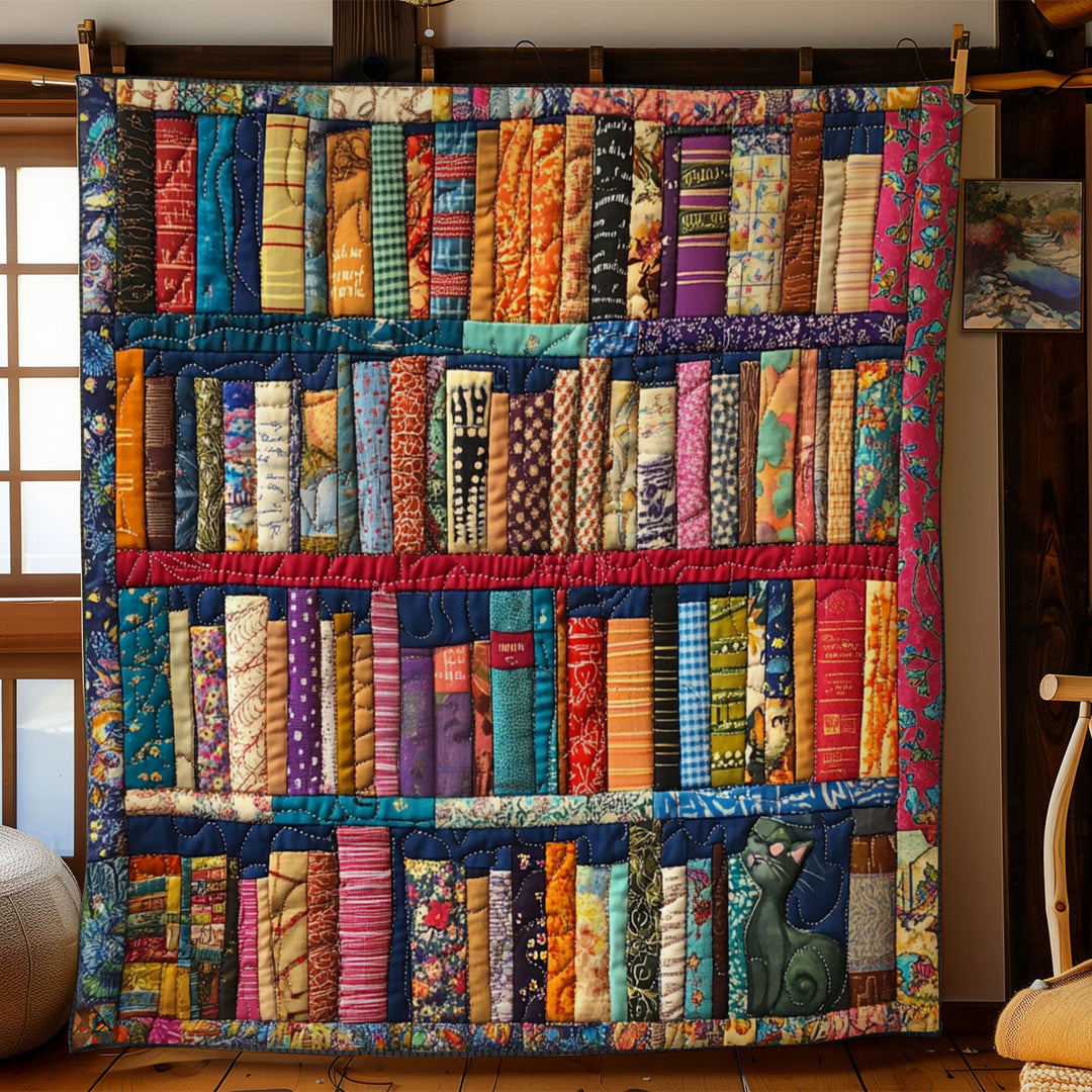 Steppdecke mit Bücherregal und versteckter Katze