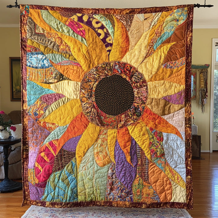 Patchwork-Steppdecke mit großer Sonnenblume