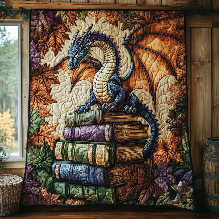Steppdecke mit Drache auf Büchern
