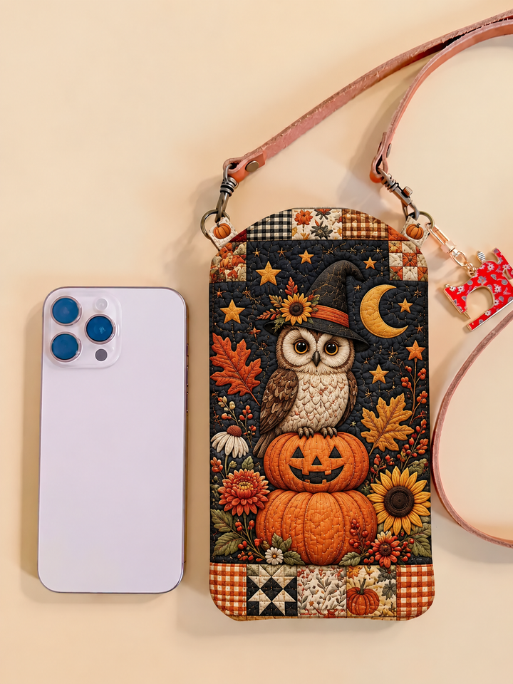 Schmale gesteppte Handy-Umhängetasche – Eule und Kürbisse zu Halloween