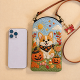 Schmale gesteppte Handy-Umhängetasche – Halloween-Corgi zwischen Süßigkeiten