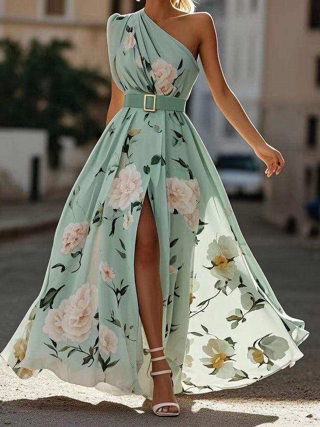 Amelie | Hellgrünes Maxikleid aus Chiffon mit floralem Muster und schulterfreien Design