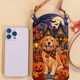Schmale gesteppte Handy-Umhängetasche – Golden Retriever in der Kürbisnacht