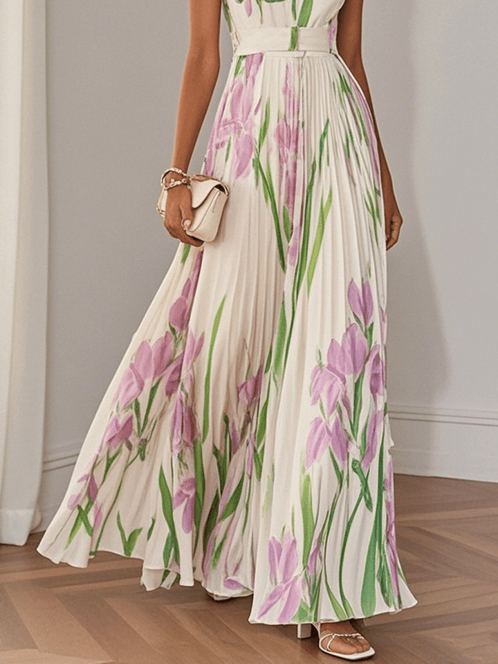 Ingrid | Plissiertes Maxikleid aus Chiffon mit floralem Muster in Weiß