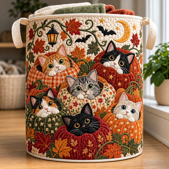 Gesteppter Wäschekorb – Katzen und Herbstkürbisse