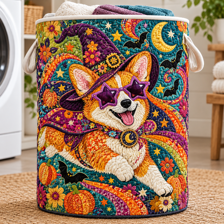 Gesteppter Wäschekorb – Corgi im fröhlichen Halloween-Stil