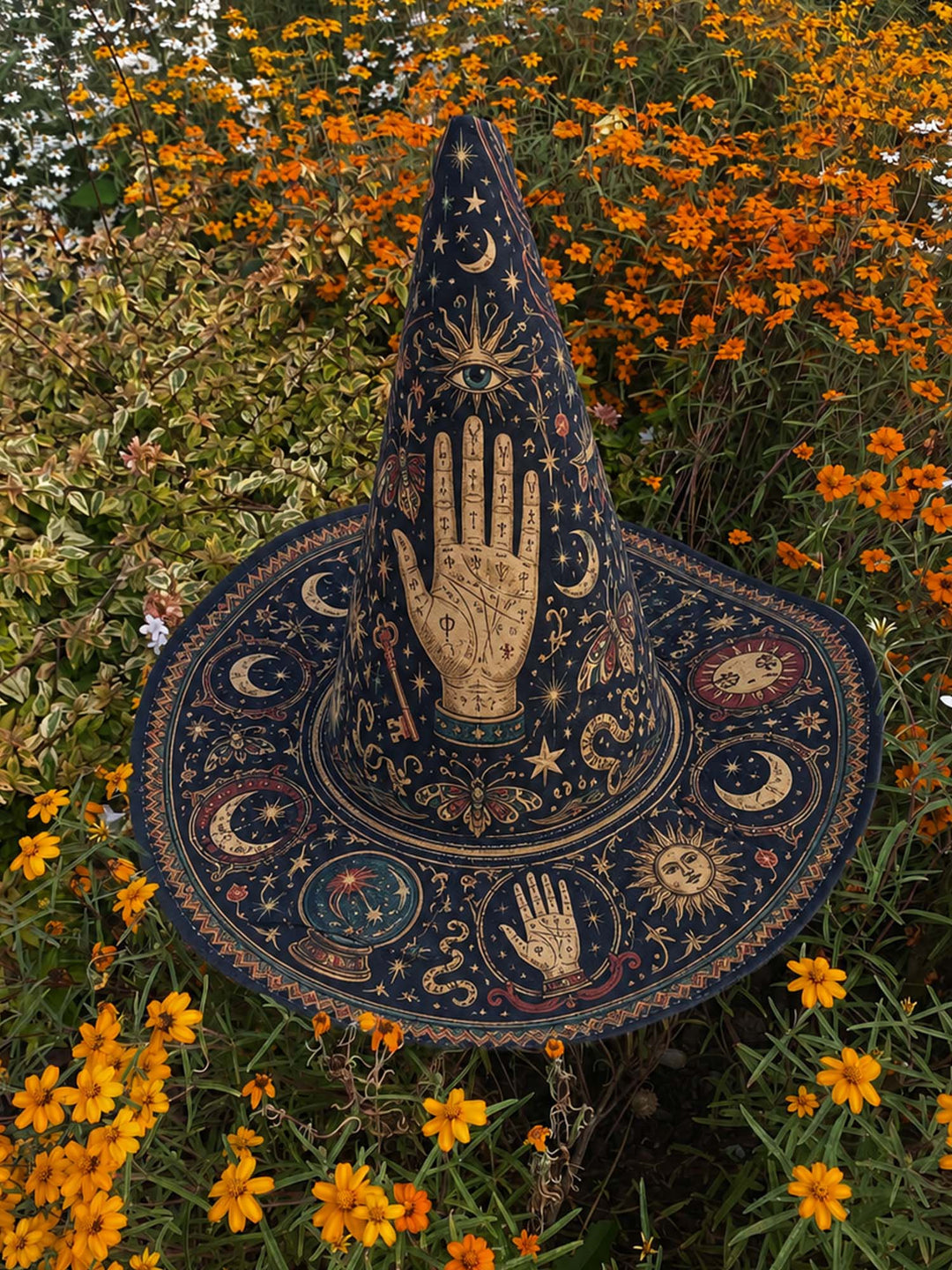 Handgefertigter gesteppter Hexenhut – Mystisches Tarot und Sterne