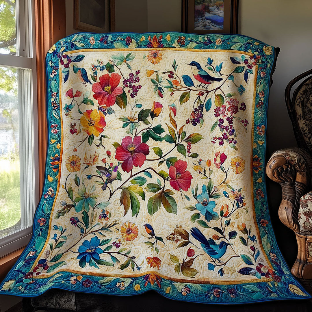 Steppdecke mit Blumen und Vögeln auf Creme