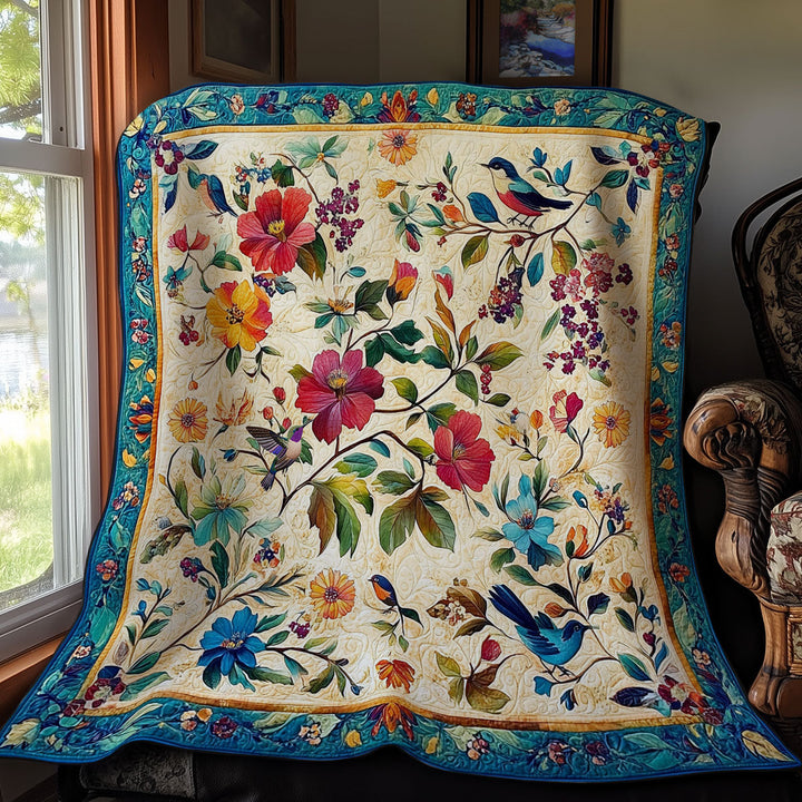 Steppdecke mit Blumen und Vögeln auf Creme