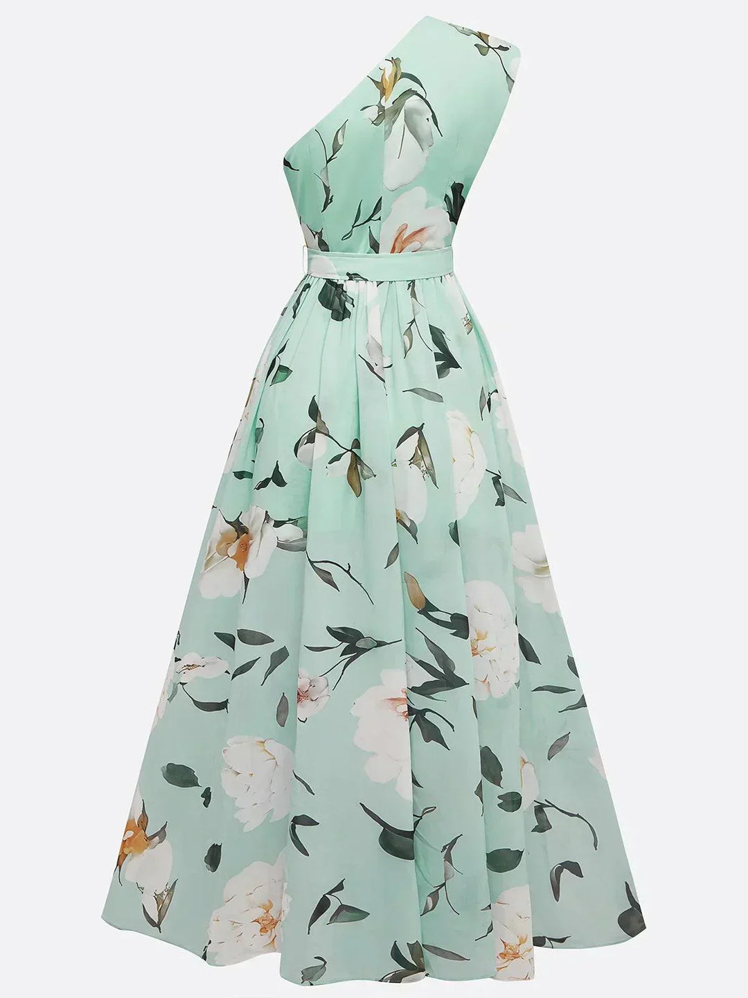 Amelie | Hellgrünes Maxikleid aus Chiffon mit floralem Muster und schulterfreien Design