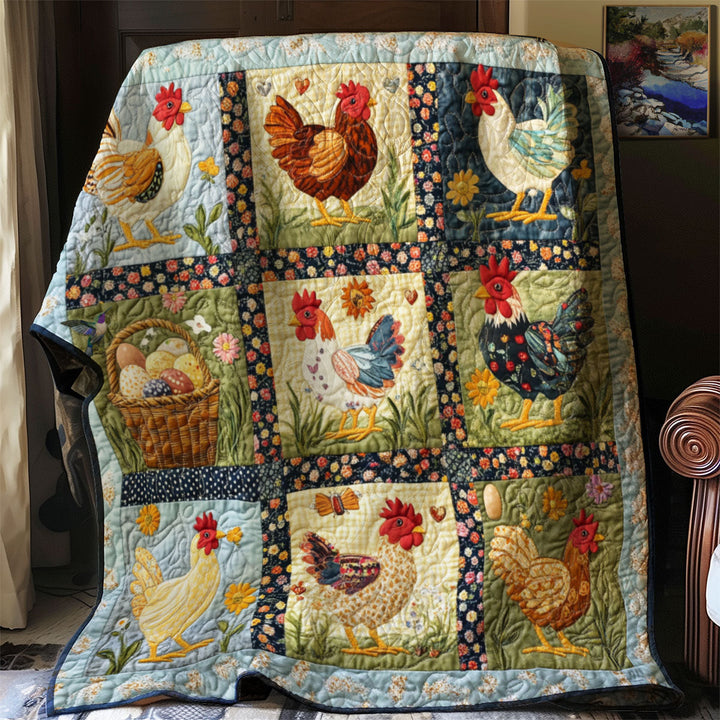 Patchwork-Steppdecke mit Hühnern und Blumen