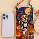 Schmale gesteppte Handy-Umhängetasche – Beagle im Skelettkostüm zu Halloween