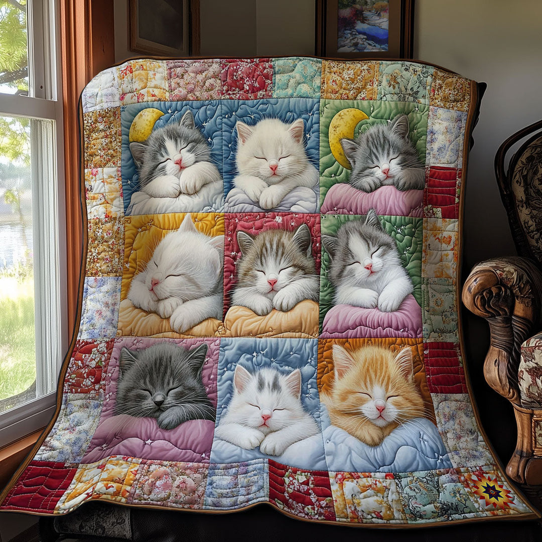 Patchwork-Steppdecke mit schlafenden Kätzchen auf Kissen
