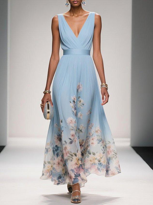 Paula | Hellblaues Chiffon-Maxikleid mit Blumenmuster und V-Ausschnitt