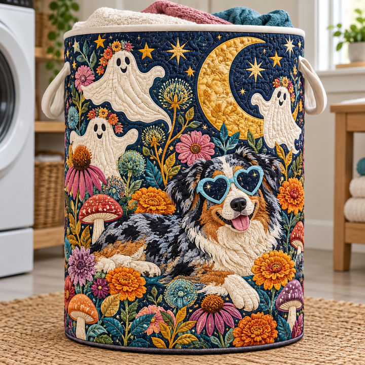 Gesteppter Wäschekorb – Border Collie im Geistergarten bei Mondschein