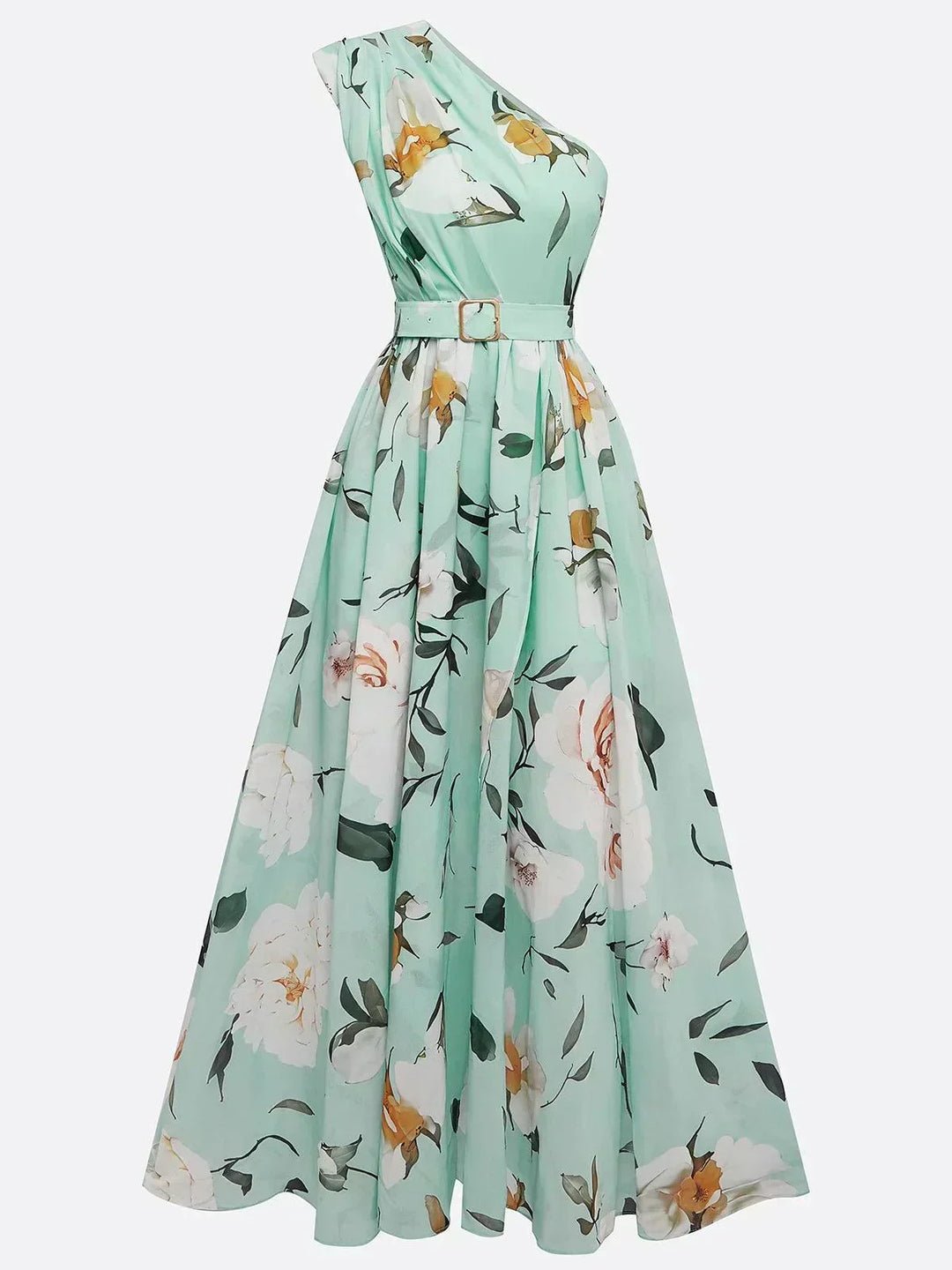 Amelie | Hellgrünes Maxikleid aus Chiffon mit floralem Muster und schulterfreien Design