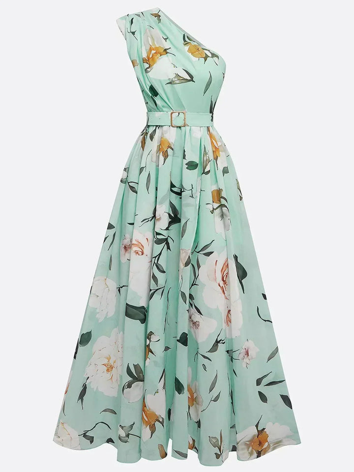 Amelie | Hellgrünes Maxikleid aus Chiffon mit floralem Muster und schulterfreien Design